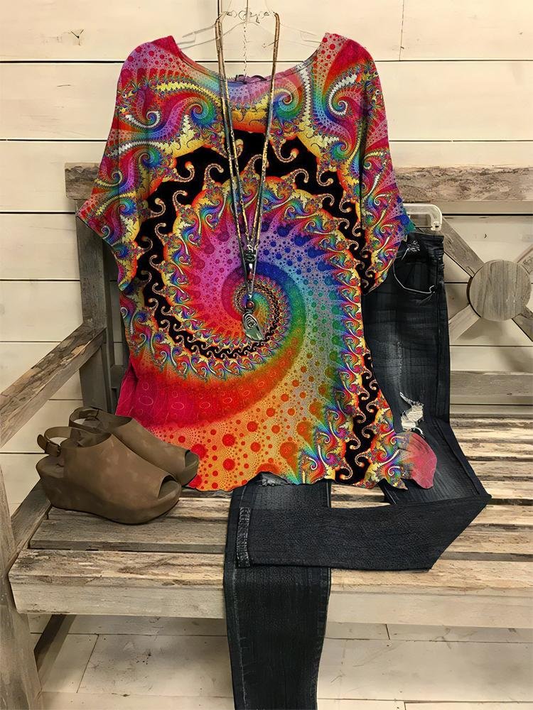 Women's Flowers Print Half-sleeve Round Neck T-shirt