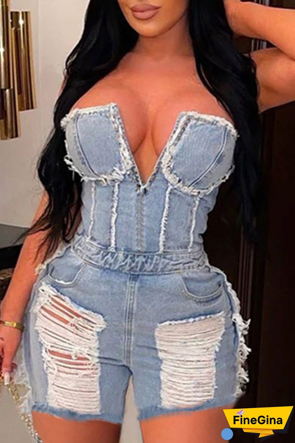 Blue Sexy Casual Street Solid Ripped Pocket Backless Strapless Sleeveless Regular Denim Jumpsuits