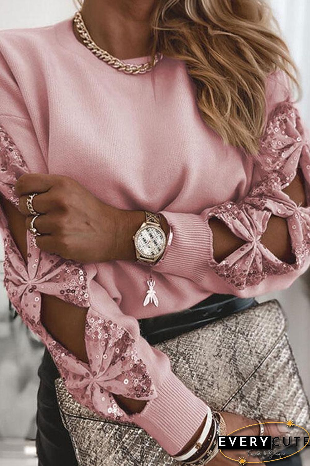 Striking Patchwork Sequins Round Neck Sweater P15517