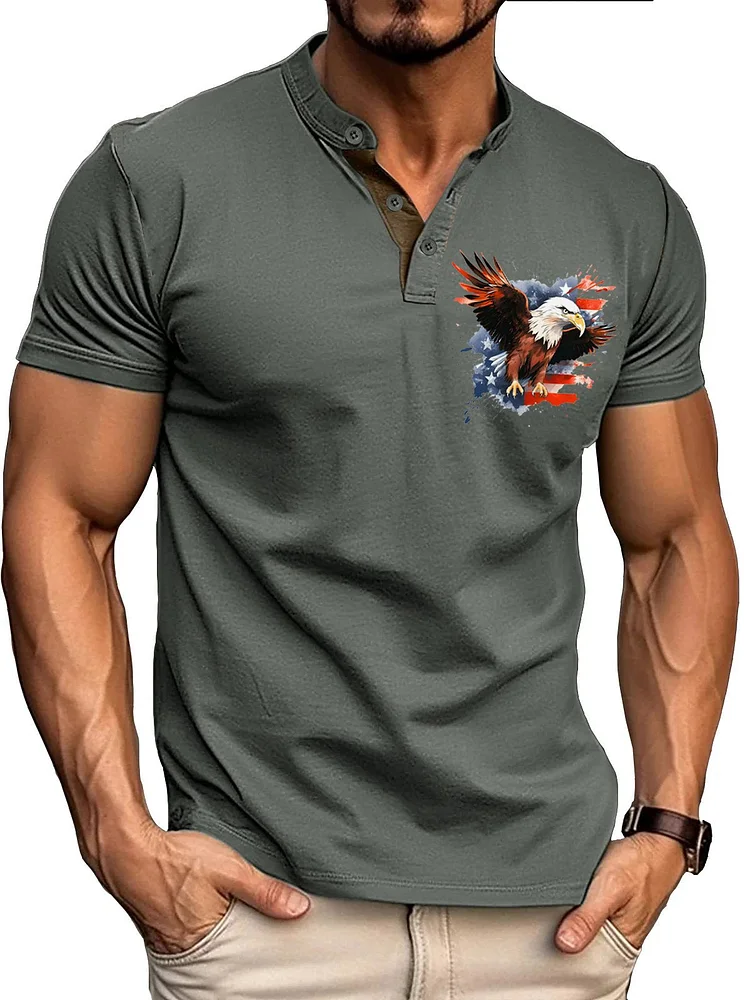  Men's Vintage Eagle American Flag Print Henley 