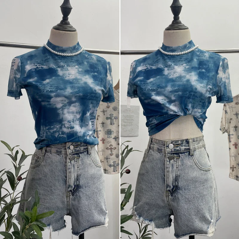 Nigikala Nigikala Shooting Retro Tie-Dye Double-Layer Mesh Half-High-Neck Short-Sleeved T-Shirt T-Shirt Short-Sleeved T-Shirted Woman 8833