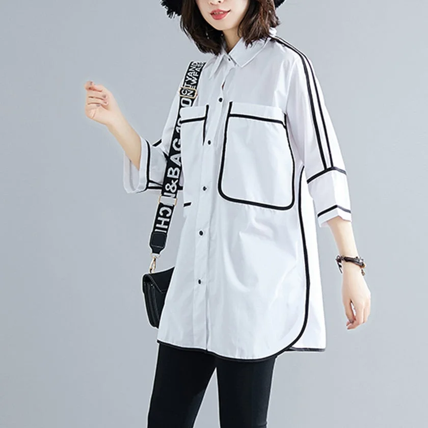 Autumn New Women Patchwork Long Cotton Oversize White Shirt Batwing Sleeve Side Split Blouse Turn-Down Collar Casual Tops T96501