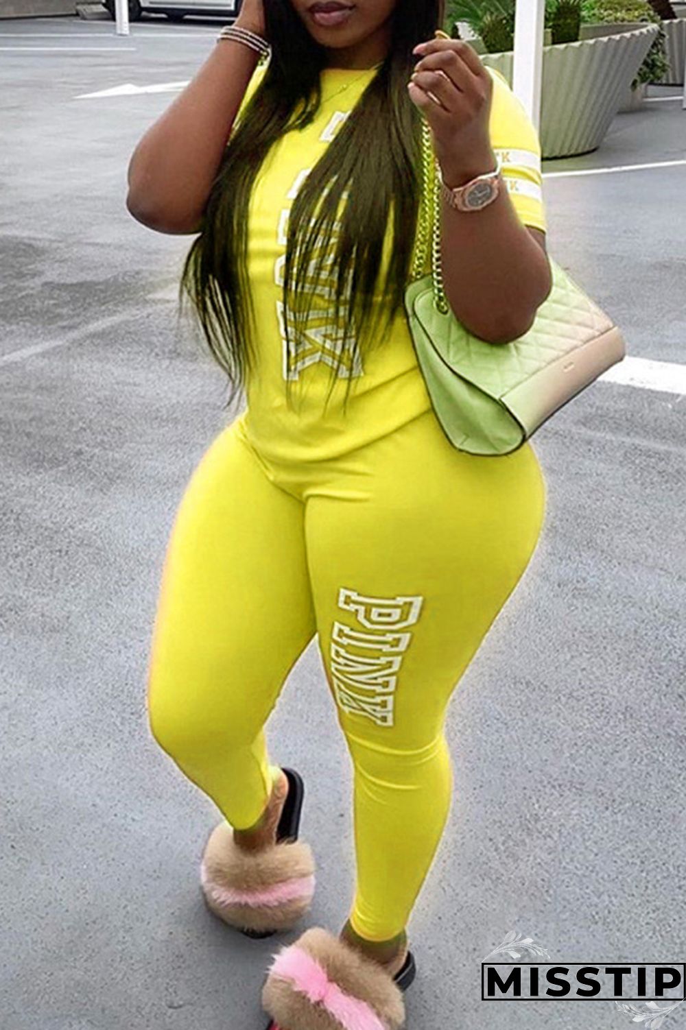Green Fashion Casual Letter Print Basic O Neck Plus Size Two Pieces