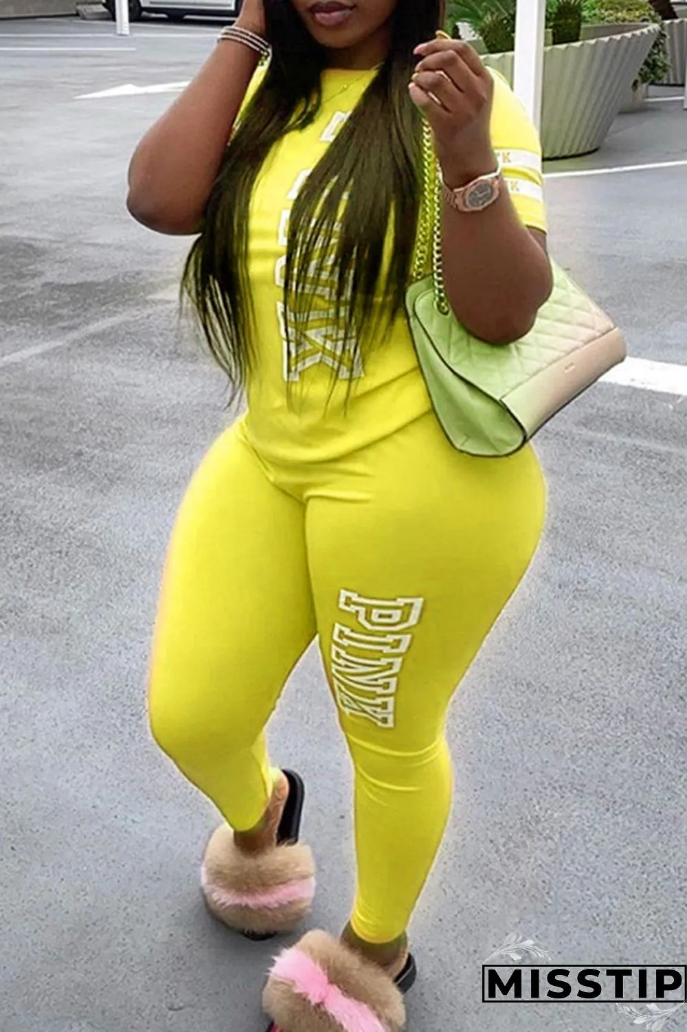 Green Fashion Casual Letter Print Basic O Neck Plus Size Two Pieces