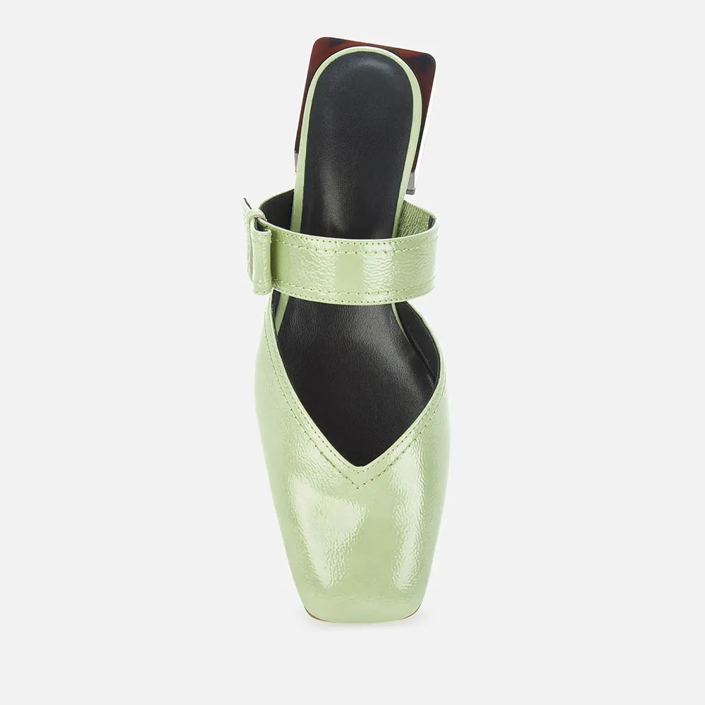 Light Green Square Toe Strap Decor Mules Shoes with Block Heels
