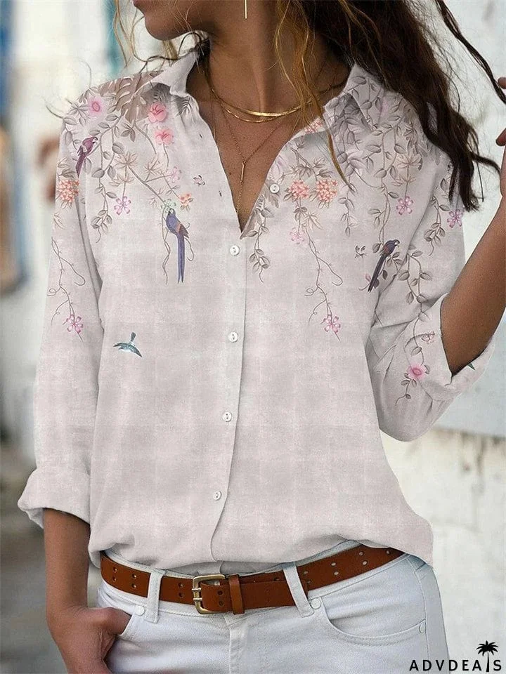 Spring Casual Floral Print Lapel Long Sleeve Button Down Shirts for Women