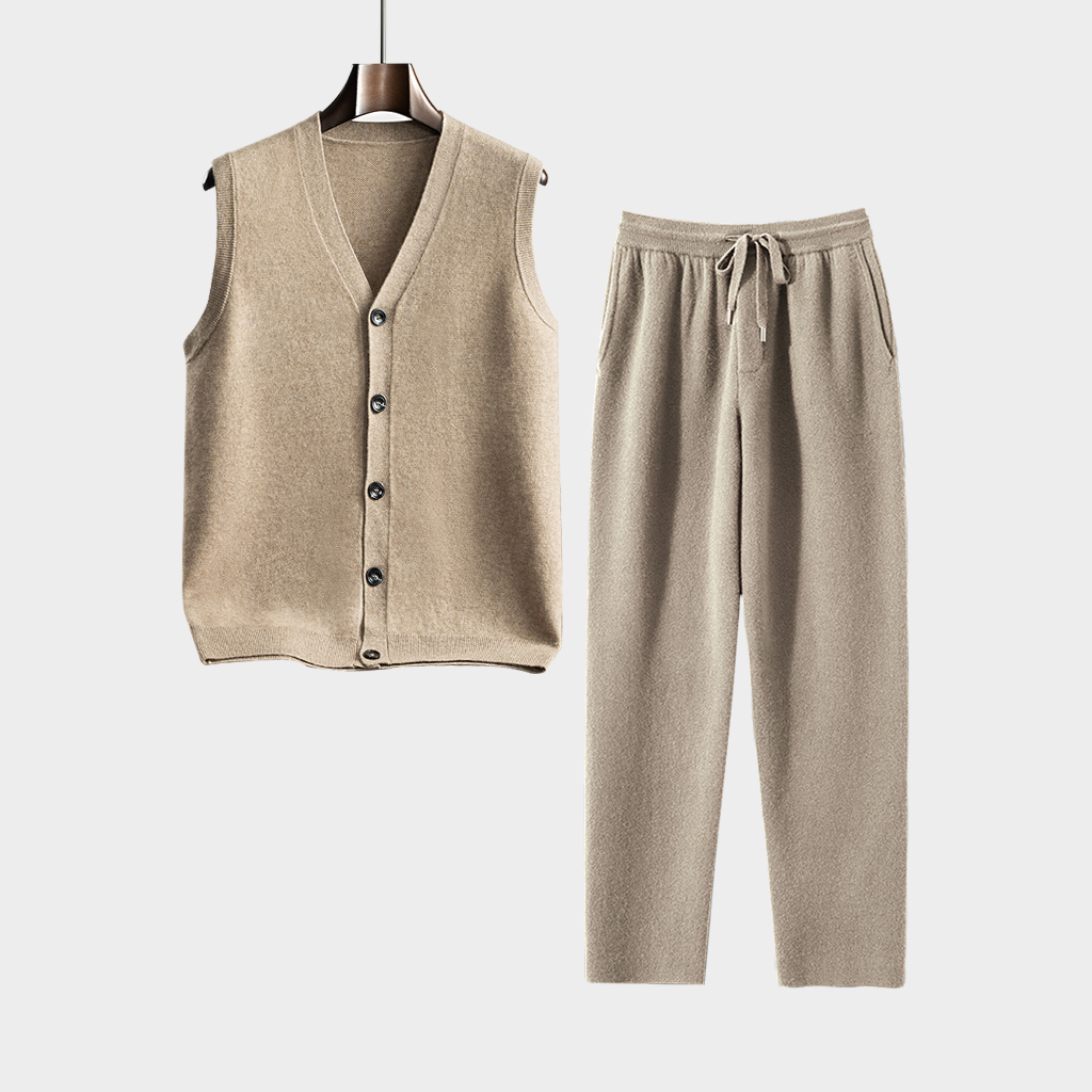 Men's Camel Cashmere Cardigan and Pants Set | Classic Casual Knitwear REAL SILK LIFE