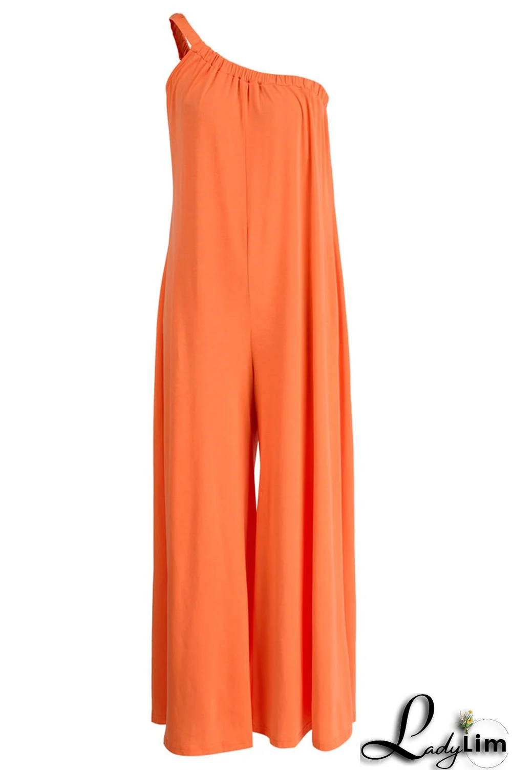 Tangerine Red Casual Solid Patchwork Oblique Collar Loose Jumpsuits