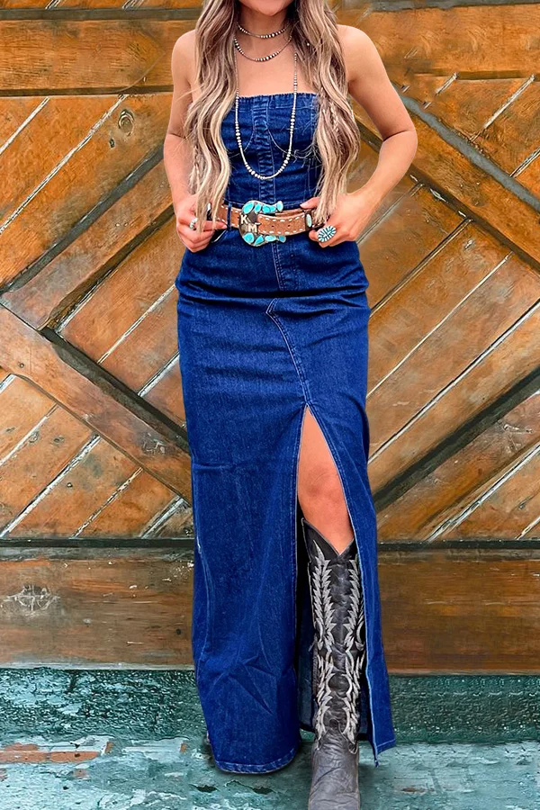 Strapless Slit Denim Maxi Dress