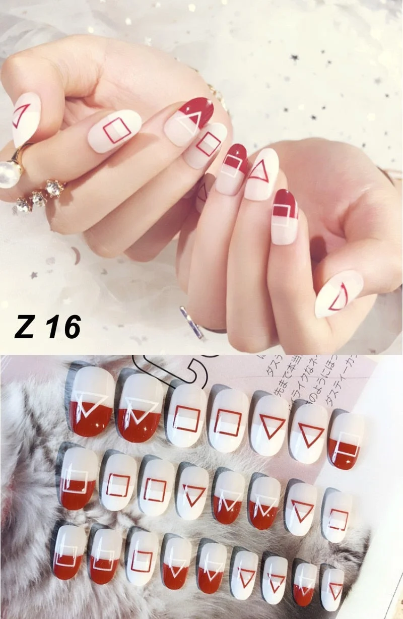 24 Pcs/Set False Nails Full Cover Artificial Fake Nails Press On Tips Painted Design Stickers Short Art Tips with Color Cute Red-Nail Inspo