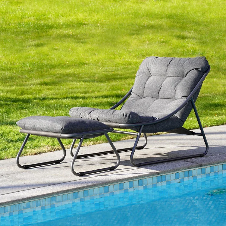 Grand patio Outdoor Lounge Chair with Ottoman, Comfy Sling Recliner Chair Set with Puffy Cushion, Samba Modern Steel Patio Furniture Reclining Chair