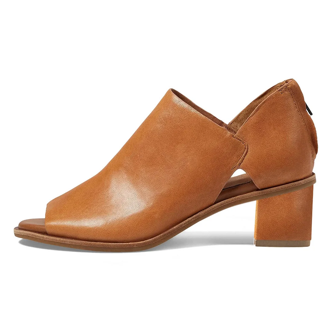 Tan Peep Toe Block Heel Cut-Out Ankle Boots with Back Zipper