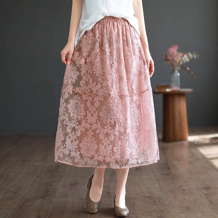 Summer Retro Figured Mesh Cotton Linen Skirt