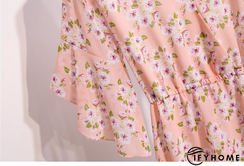 Spring Summer Chiffon Women V-Neck Floral Print Short Dresses Sweet Ruffle Sleeeve Slim Drawstring Ladies Dress | IFYHOME