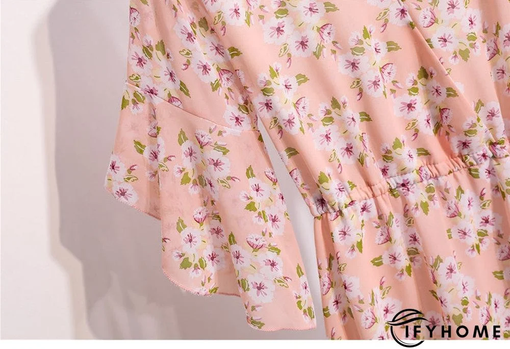 Spring Summer Chiffon Women V-Neck Floral Print Short Dresses Sweet Ruffle Sleeeve Slim Drawstring Ladies Dress | IFYHOME