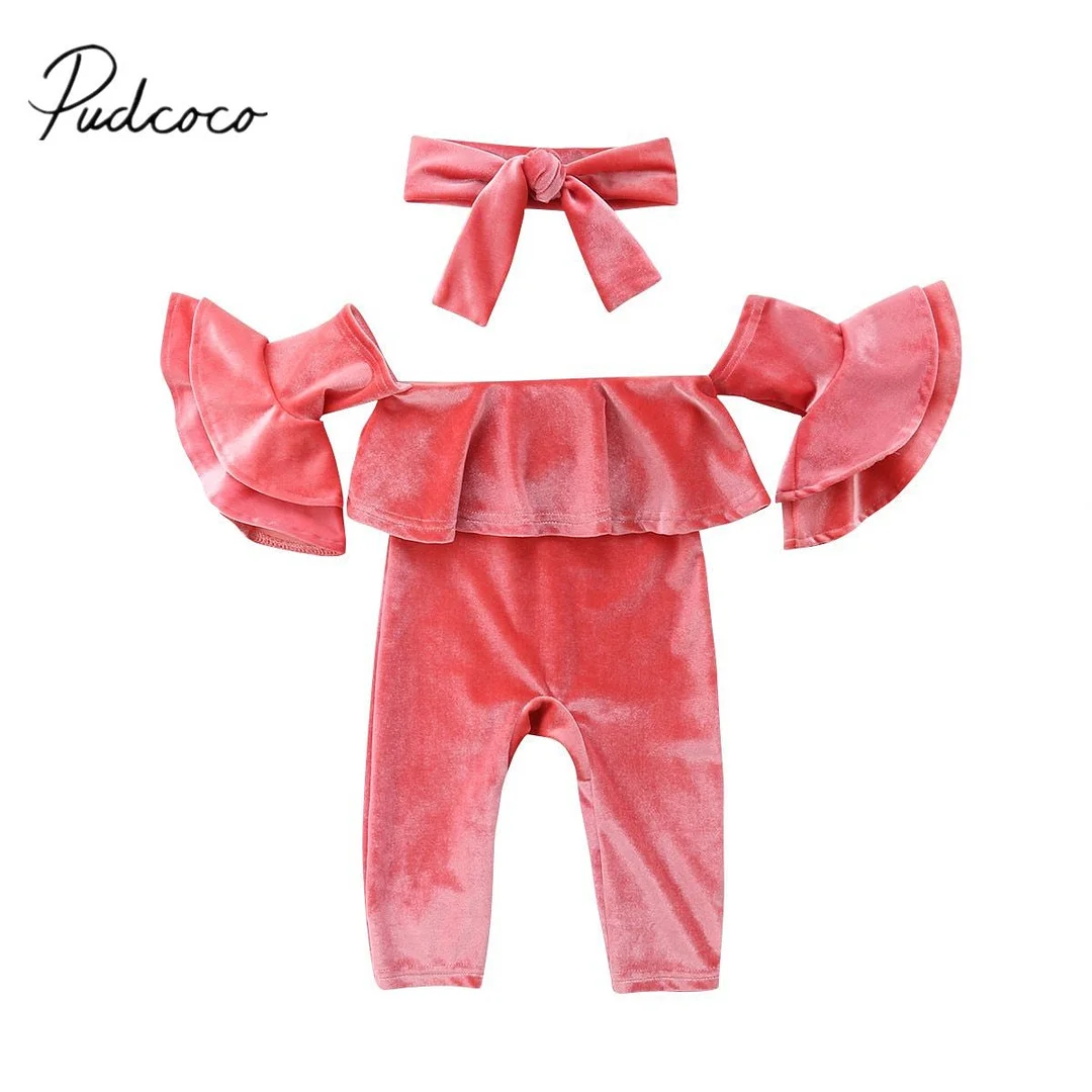 2018 Brand New Autumn Toddler Baby Girl Off Shoulder Romper 2PCS Flare Sleeve Velvet Pink Jumpsuits Ruffled Romper+Headband 0-5T