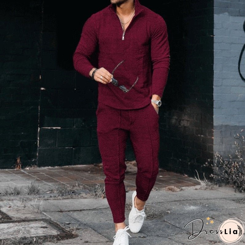 Men's Activewear Casual Half Zip Stand Collar Long Sleeve Pullover T-Shirt and Pant Set Men's Streetwear Solid Color 2 Piece Set