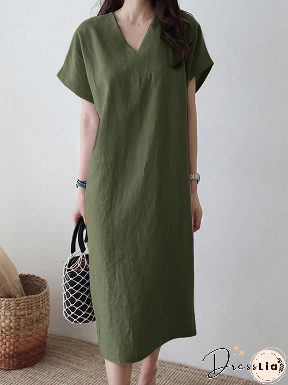 Solid V-neck Short Sleeve Dress For Women