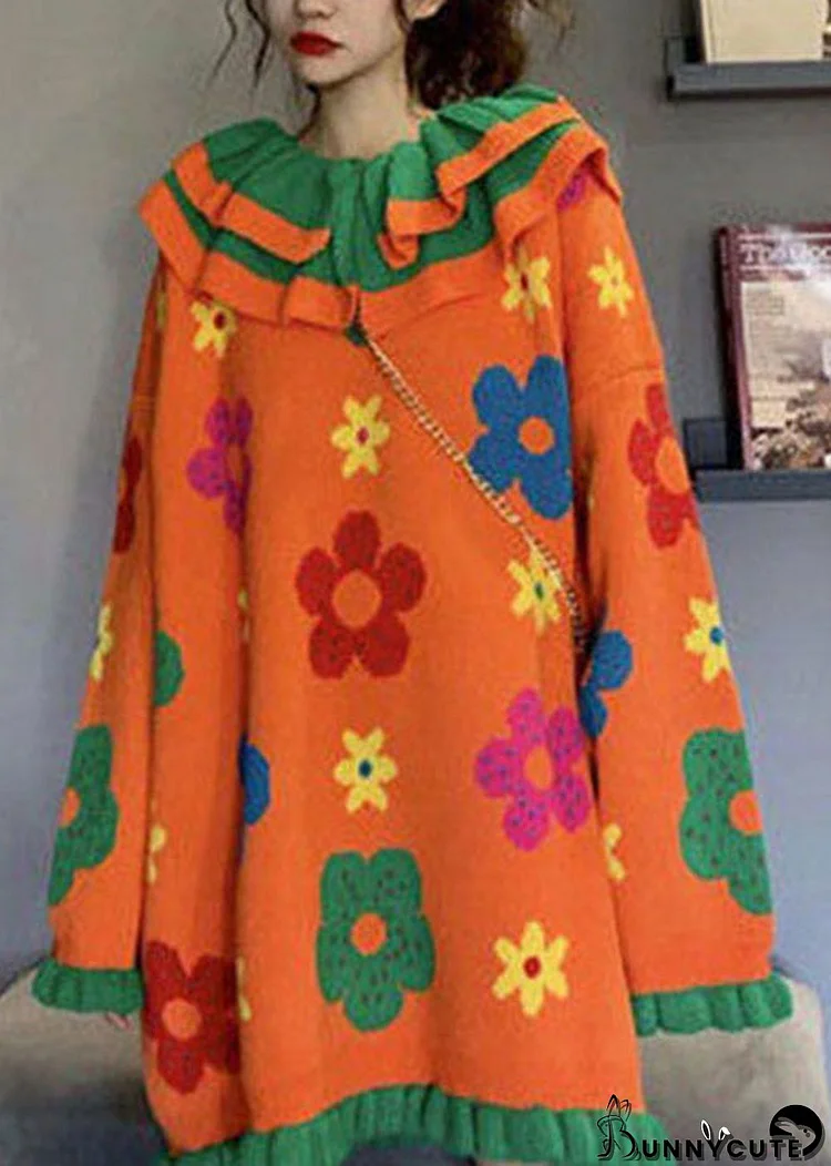 Casual Orange Peter Pan Collar Floral Knit Sweaters Winter