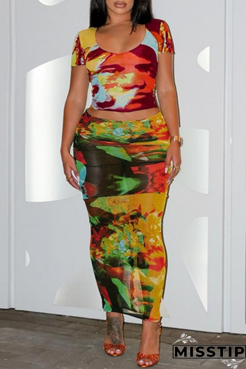 Colour Sexy Print Basic O Neck Short Sleeve Two Pieces