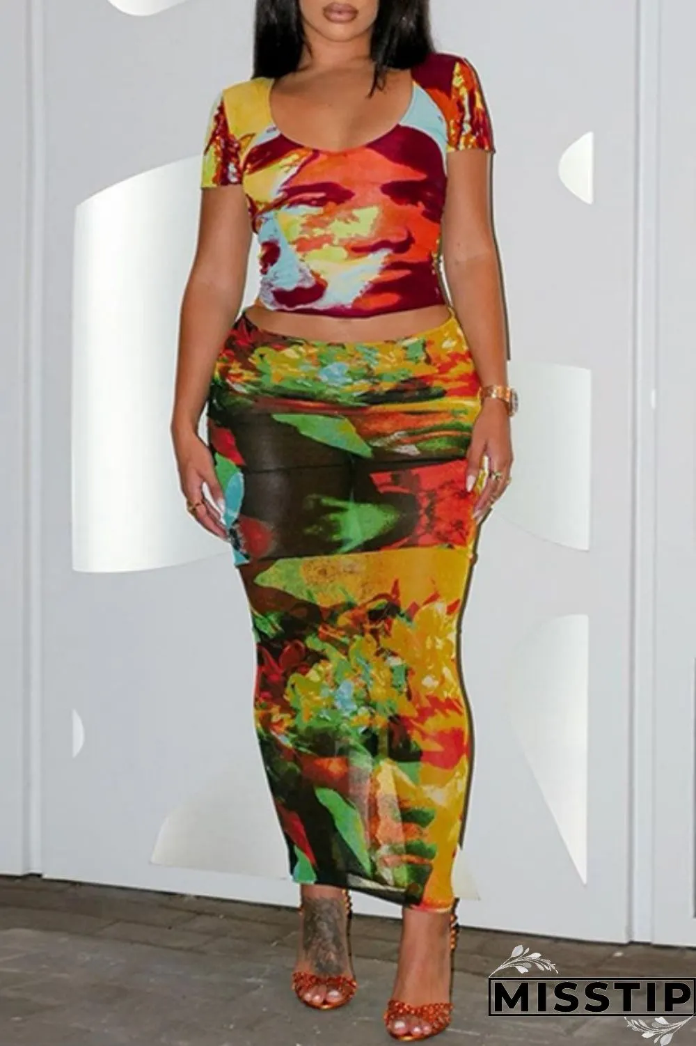 Colour Sexy Print Basic O Neck Short Sleeve Two Pieces