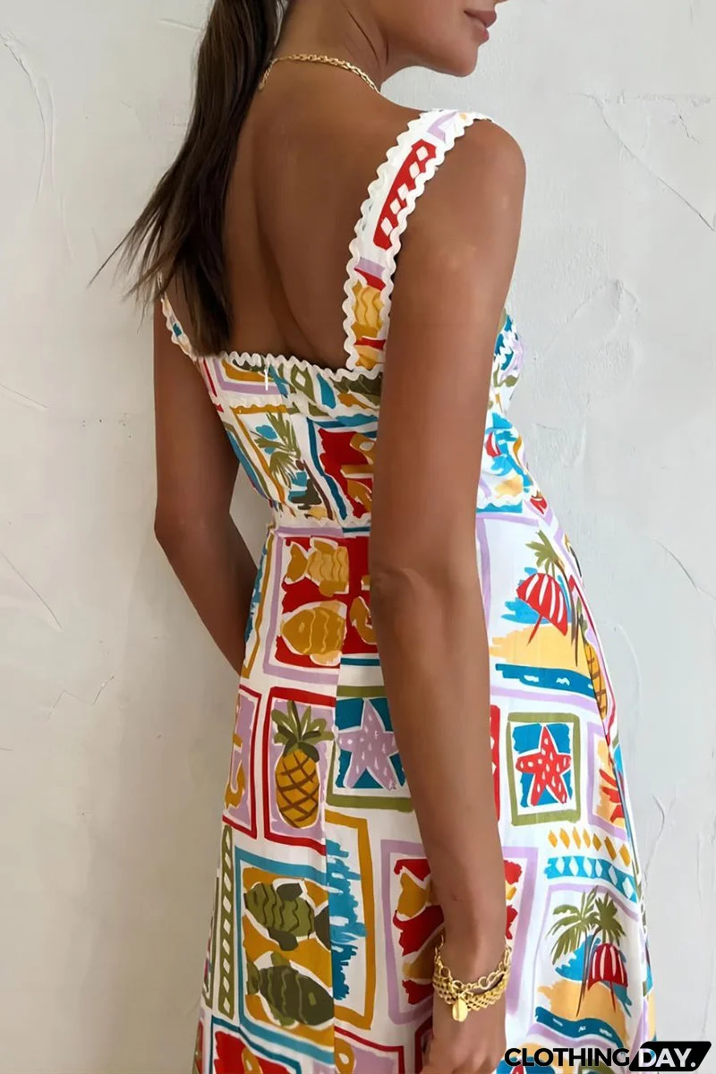 Sexy Vacation Print Contrast Square Collar Printed Dress Dresses