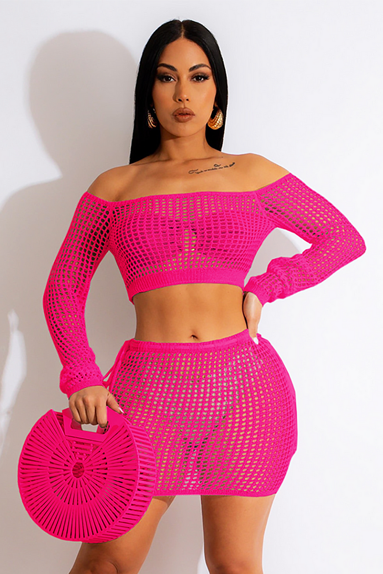 Knit Hollow Out Off Shoulder Crop Top Cover Ups Mini Skirt Matching Set-Pink