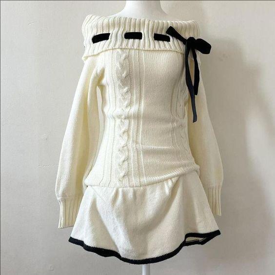 Aonga Solid color bow decoration dress fashion lace edge casual Y2K top emotional girl urban beauty chic slim sweet street women dress aonga