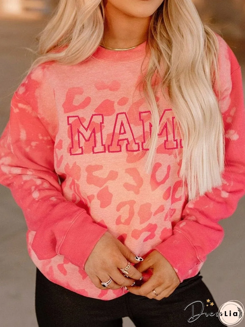 Pink Leopard Print "MAMA" Crew Neck Casual Sweatshirt