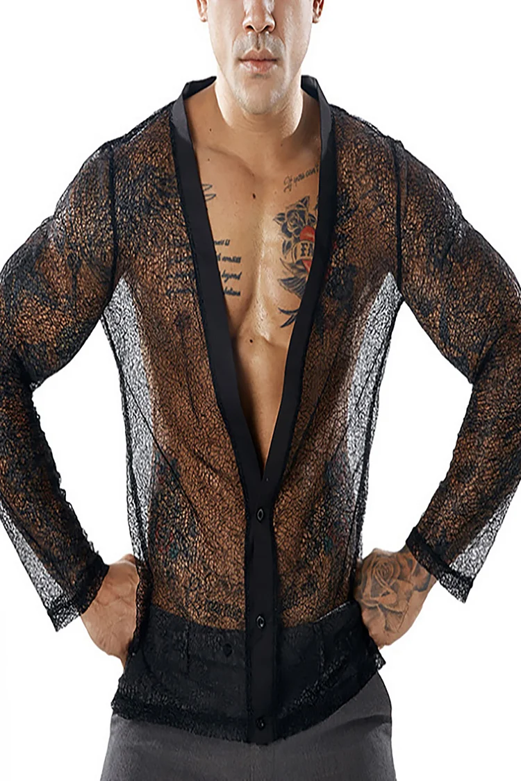 Men's Casual Full Solid Color See-Through Long Sleeves Cardigan Shirt