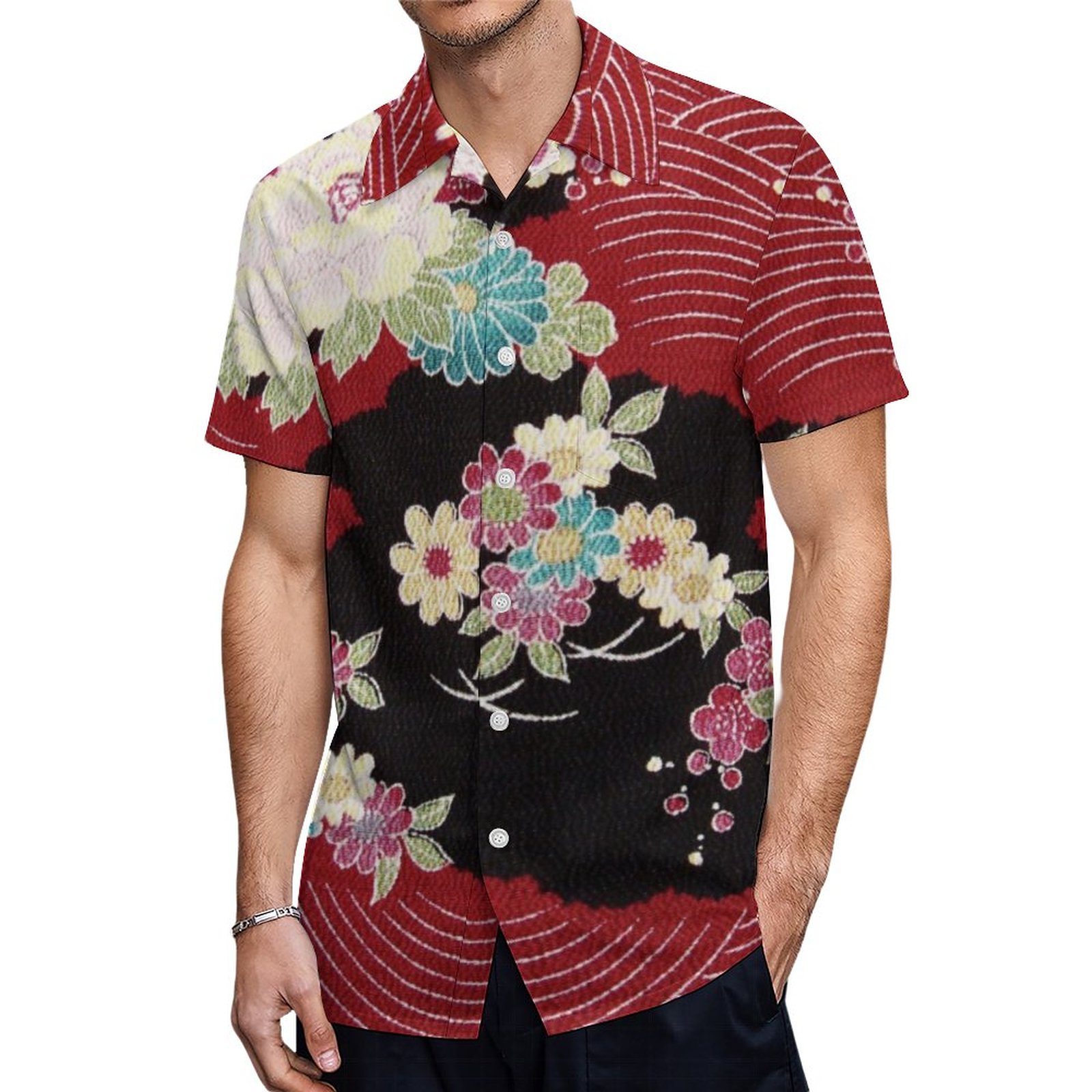 Japanese Kimono Textile Floret Pattern Hawaiian Shirt Mens Button Down Plus Size Tropical Hawaii Beach Shirts