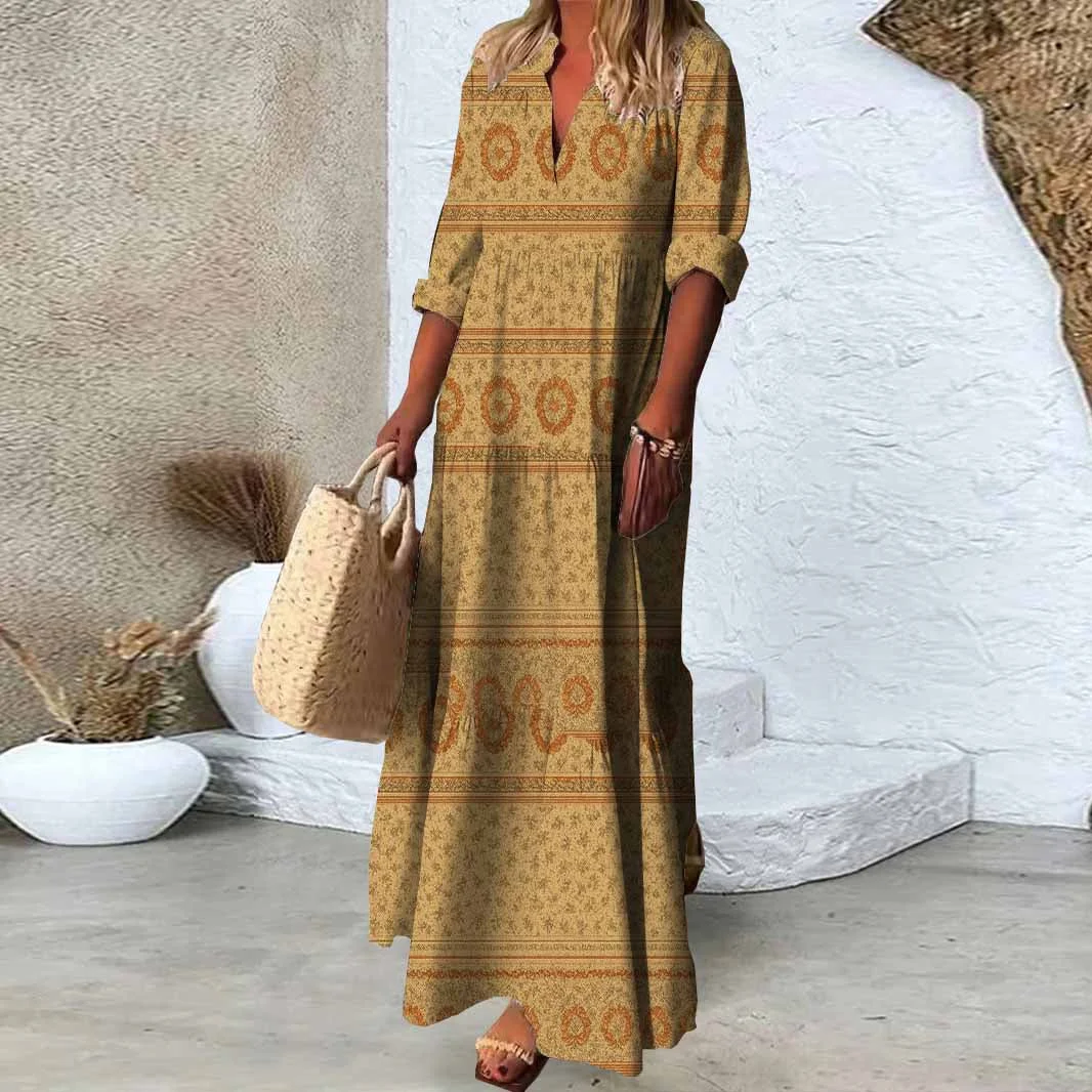Women Retro, Khaki DZDN0335 SPU Printed Long Sleeve V-neck Maxi Dress