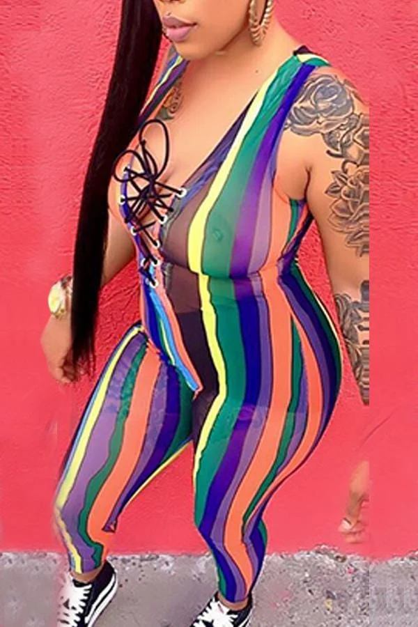 Sexy Mesh Rainbow Stripe  Jumpsuit
