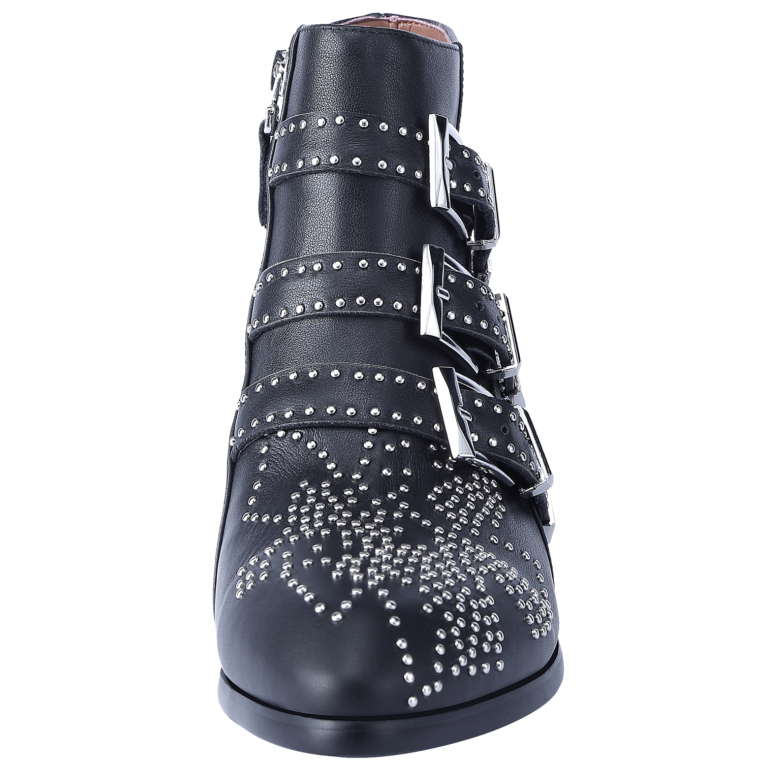 Women's Rivets Metal Buckle Low Heels Ankle Boots Black Silver-vocosishoes