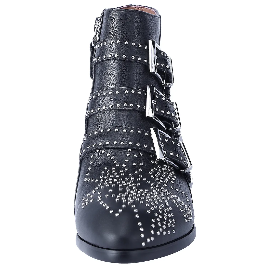 Women's Rivets Metal Buckle Low Heels Ankle Boots Black Silver-vocosishoes