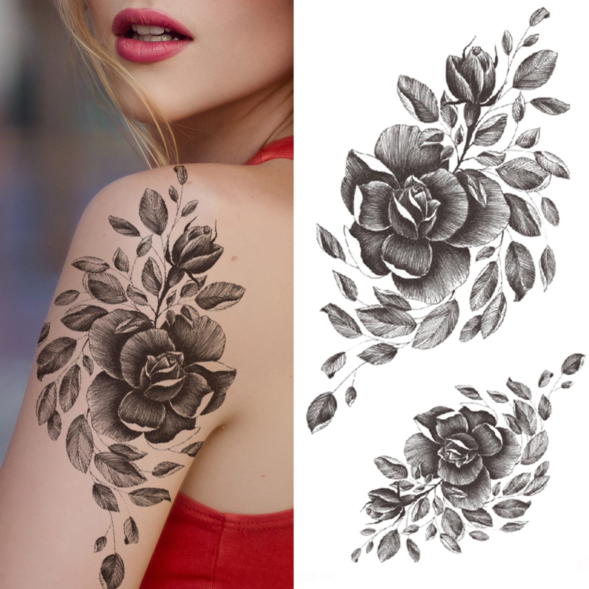 Realistic Fake Peony Temporary Tattoos For Women Girl Black Rose ...