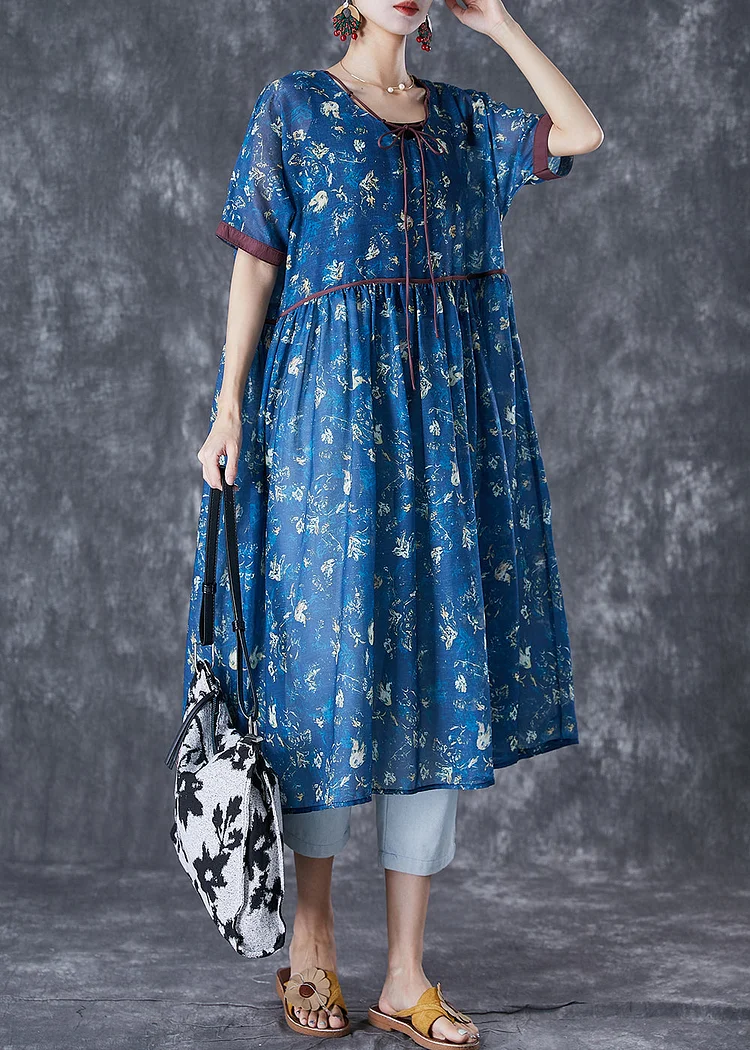 Women Navy Lace Up Tie Dye Linen Dresses Summer