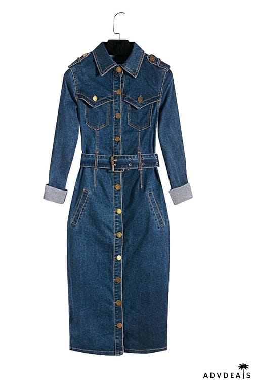 Button Denim Long Sleeve Dress With Belt