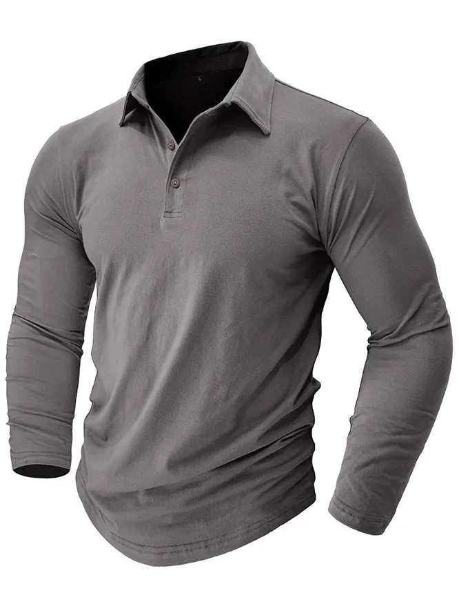 Men's Pure Cotton Solid Color Basic Simple Henley Polo Long Sleeve Top PLUSCLOTHESMAN