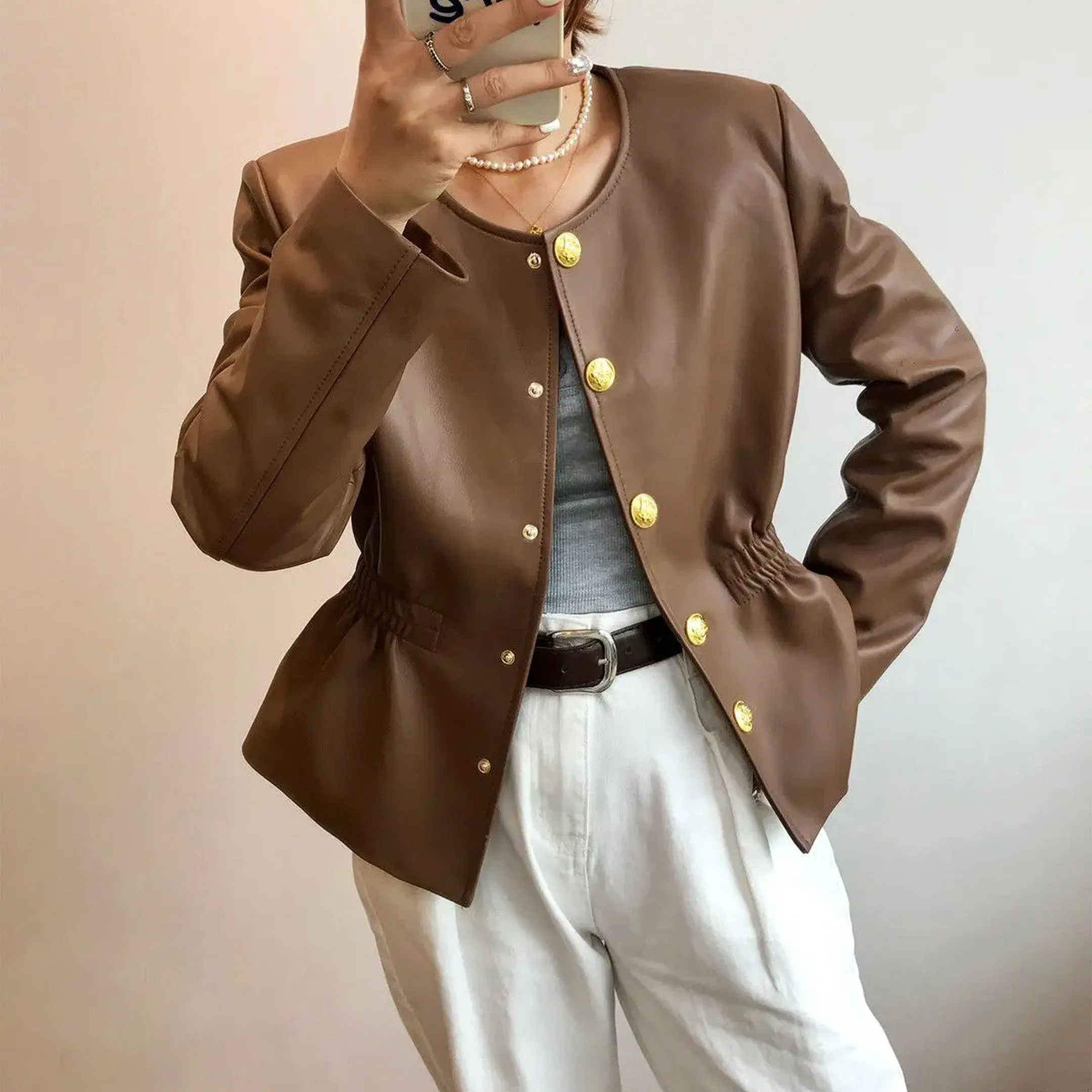 Women's Leather Jacket with Gold Buttons &ndash; Structured Collar