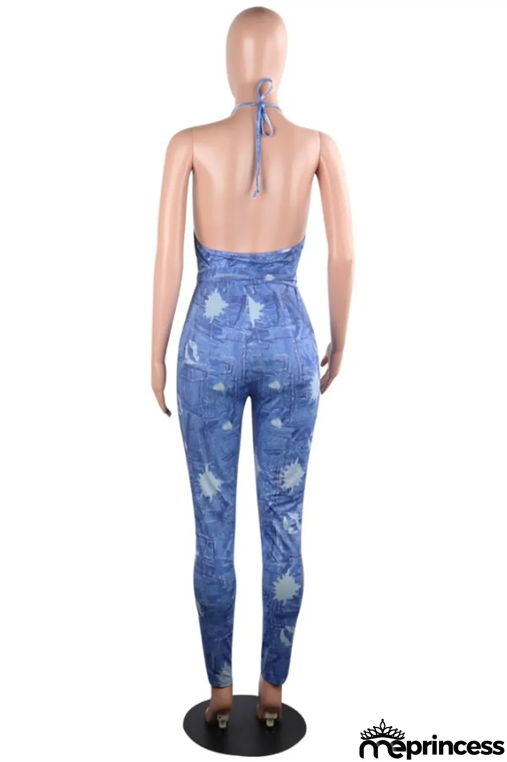 Blue Sexy Fashion Print Backless Patchwork Polyester Sleeveless O Neck Jumpsuits