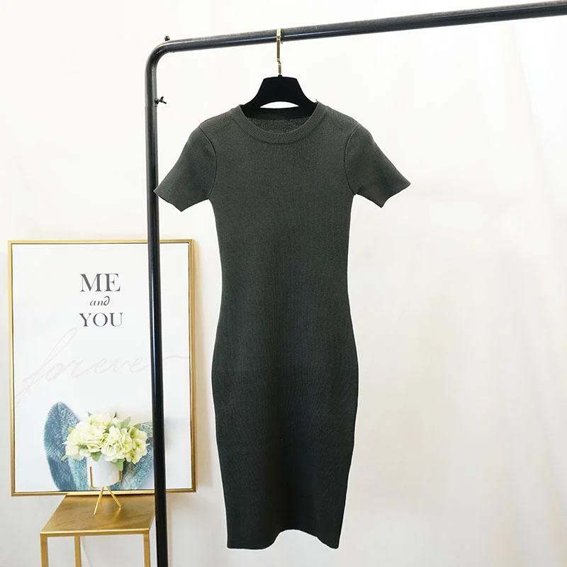 FTLZZ New Women Stretch Knitted Midi Dress Summer Spring Lady Casual O-neck Slim Knitting Bodycon Dresses Vintage Vestidos