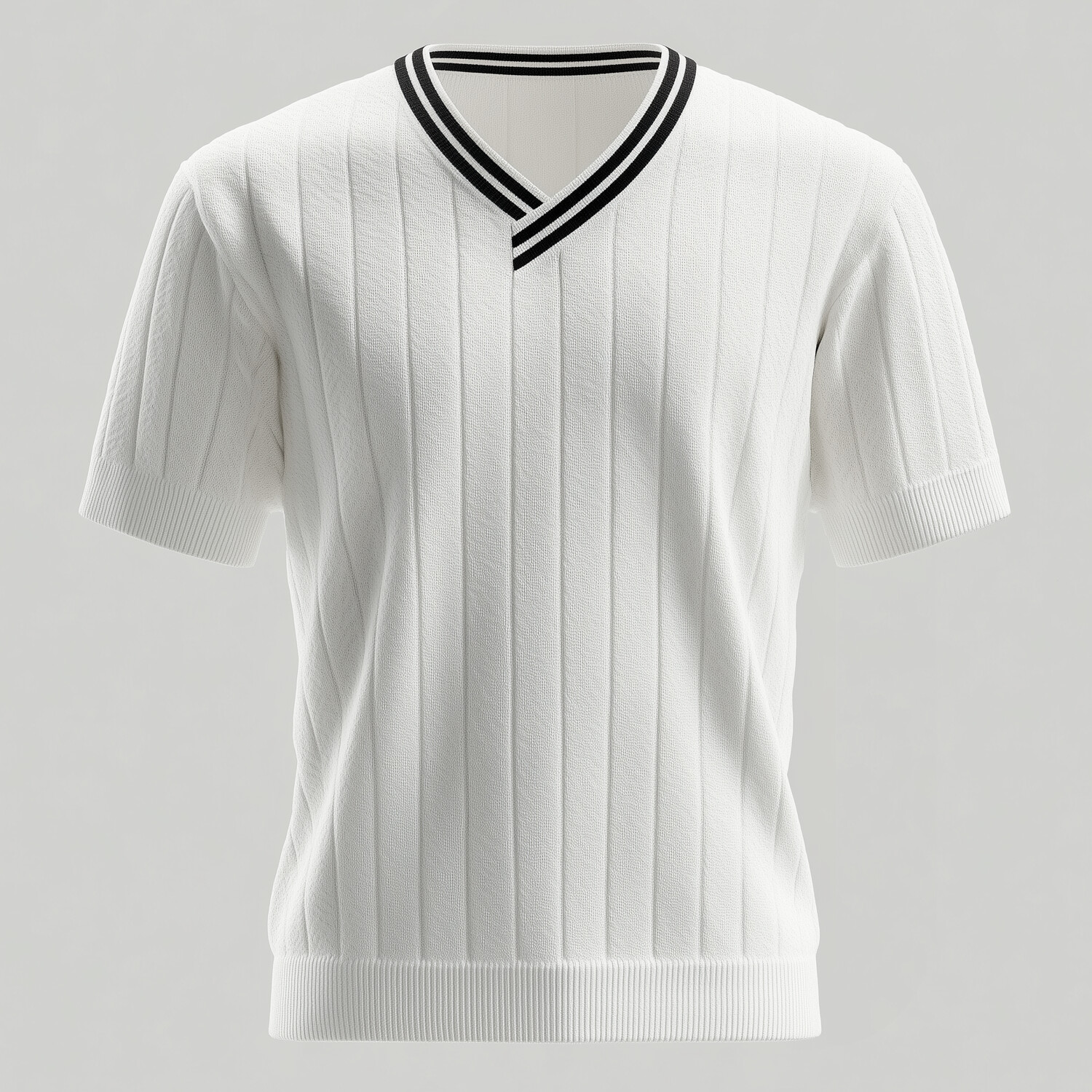 Men's Ribbed Knit V Neck Black Striped Short Sleeve T-Shirt