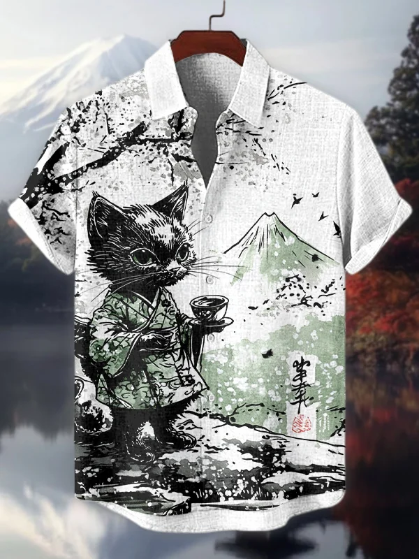 Men's Japanese Black Cat Drinking Tea Ink Art Print Short Sleeve Shirt