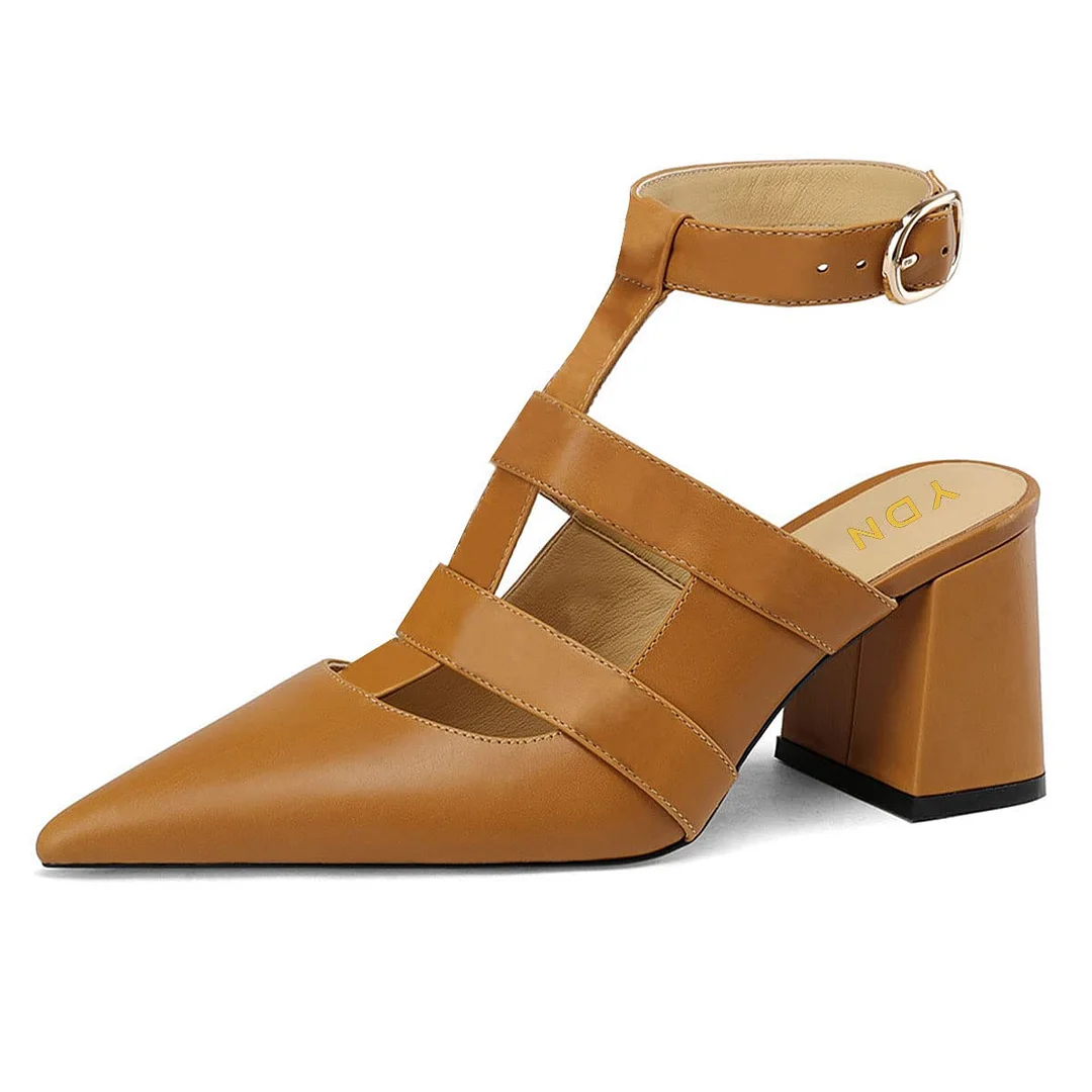 Tan Vegan Leather Pointed Toe T-Strap Chunky Heeled Sandals