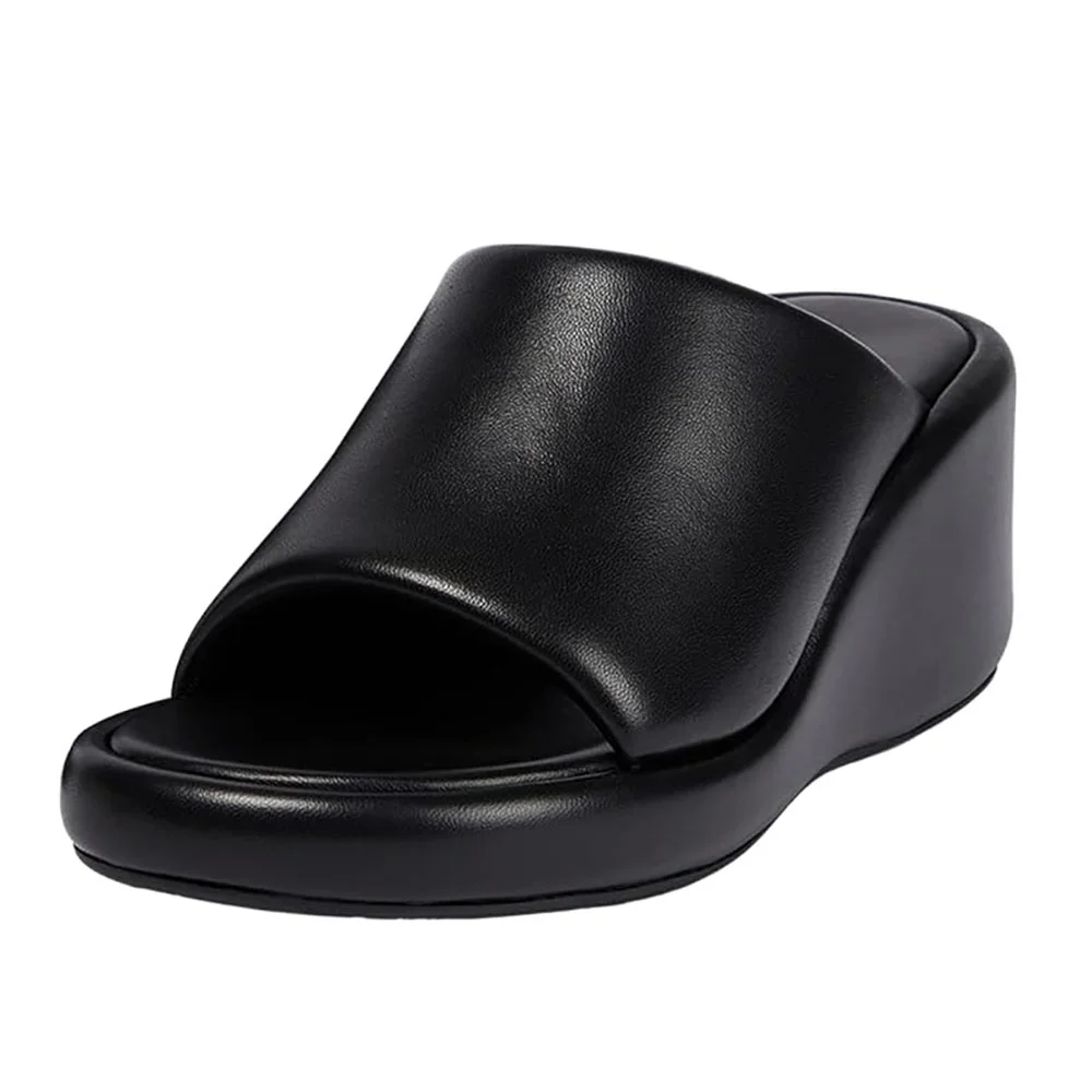 Vegan Leather Round Toe Wide Band Wedge Heel Platform Mules in Black