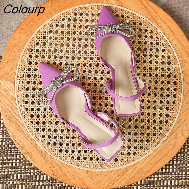 Colourp Brand Rhinestones Bowknot Women Sandals Elegant Thin High heels Flock Slingbacks Summer Office Lady Shoes Purple Sandals