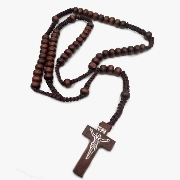 Handmade Cross Wood Rosary Necklace