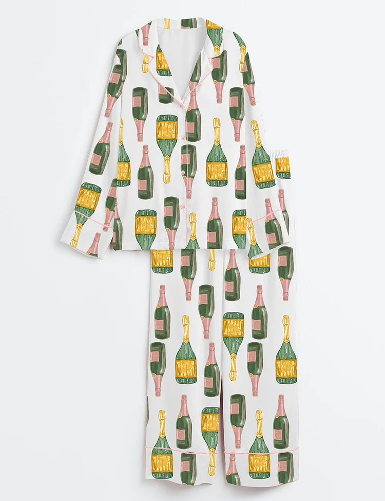 Women&rsquo;s Chic Champagne Celebrations Birthday Wedding Bridal Shower Champagne Lovers Long Sleeve Satin Pajama Set