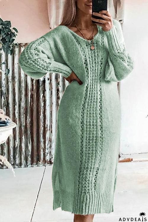 Hollow V Neck Long Sleeve Sweater Dress